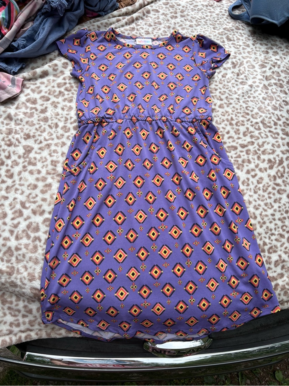 LuLaRoe Purple Diamond Print A-Line Dress for Girls Size 12